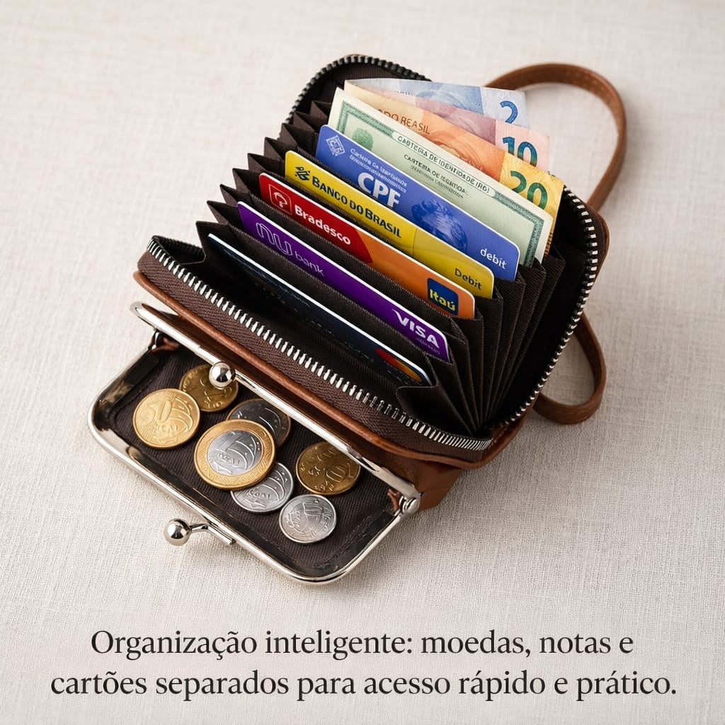 Carteira em Couro 2 em 1 — Segurança, leveza e organização para o seu dia
